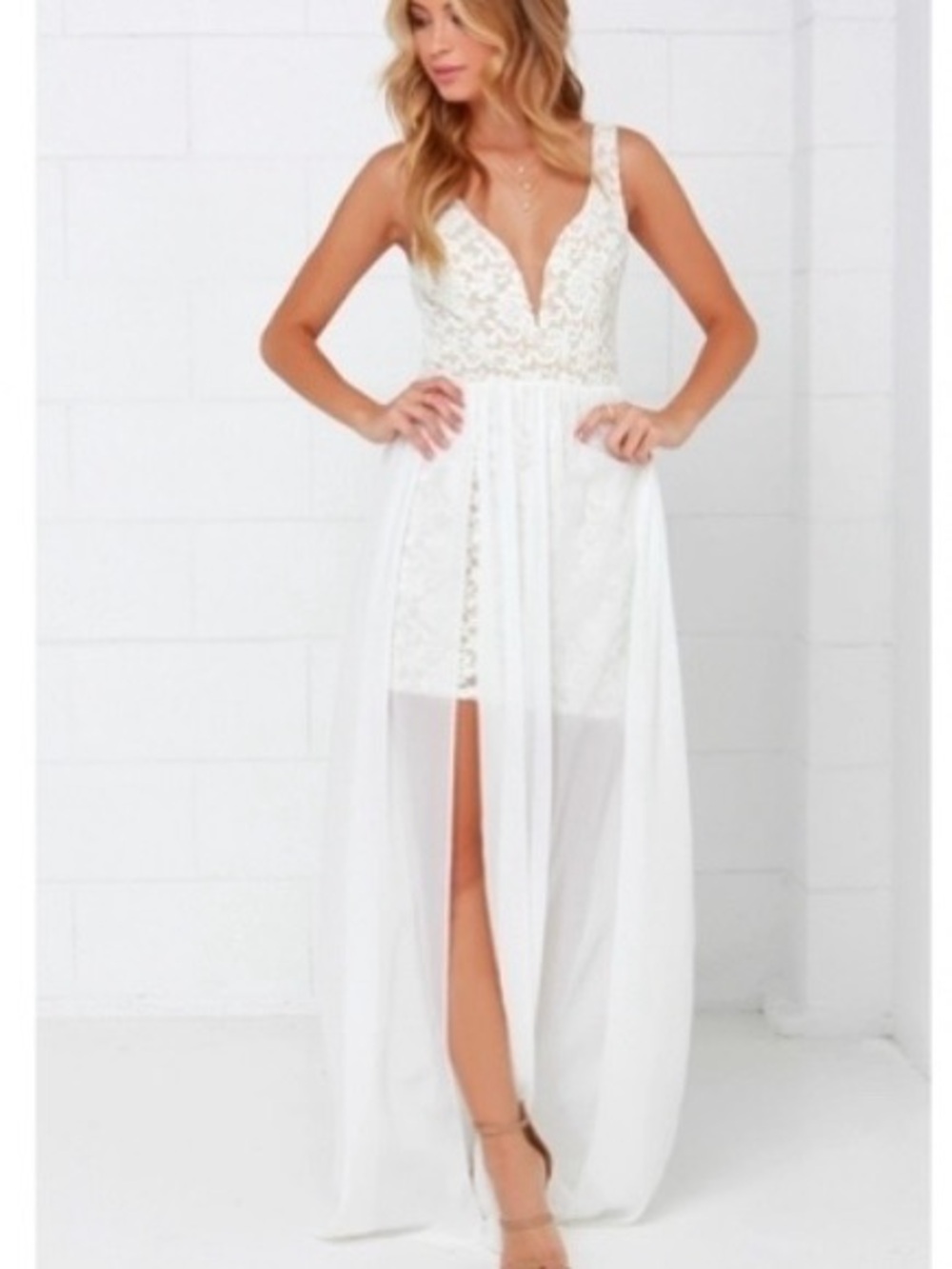 Lulu's White Lace High-Low Maxi Dress with Sheer Overlay